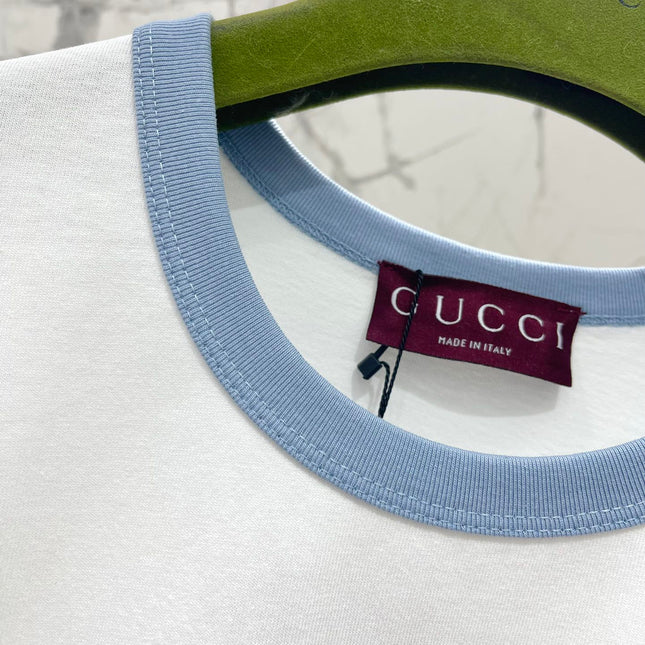 Gucci Embroidered Short Sleeves T-shirt White Blue Cotton