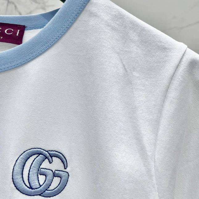 Gucci Embroidered Short Sleeves T-shirt White Blue Cotton