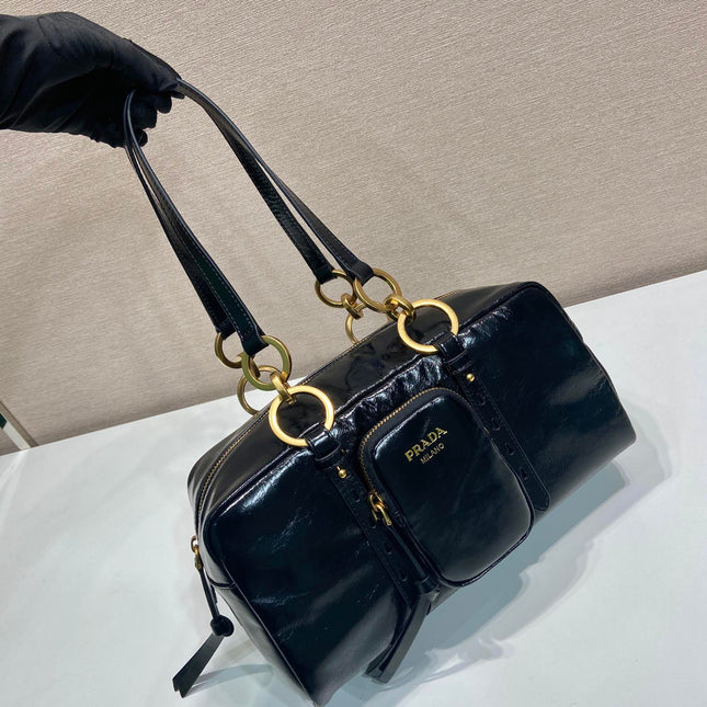 LARGE RECTANGULAR BAG 30 IN BLACK OIL WAX LAMBSKIN GOLD HARDWARE