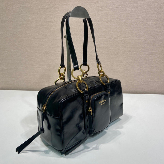 LARGE RECTANGULAR BAG 30 IN BLACK OIL WAX LAMBSKIN GOLD HARDWARE