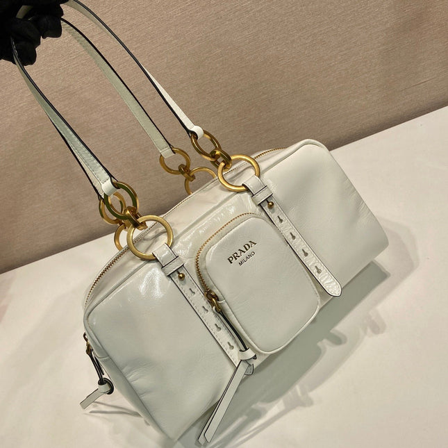 LARGE RECTANGULAR BAG 30 IN WHITE OIL WAX LAMBSKIN GOLD HARDWARE
