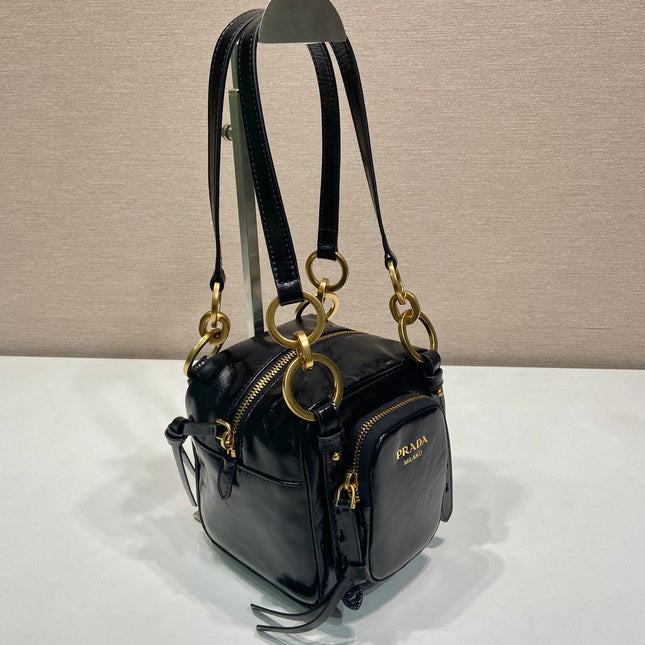 SMALL RECTANGULAR BAG 14 IN BLACK OIL WAX LAMBSKIN GOLD HARDWARE