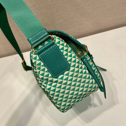 MESSENGER BAG 25 IN FOREST GREEN MIX CREAM TRIANGLE PATTERN EMBROIDERED FABRIC