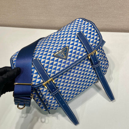 MESSENGER BAG 25 IN BLUE MIX WHITE TRIANGLE PATTERN EMBROIDERED FABRIC