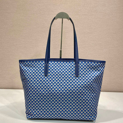 TOTE BAG 33 IN BLUE MIX WHITE TRIANGLE PATTERN EMBROIDERED FABRIC