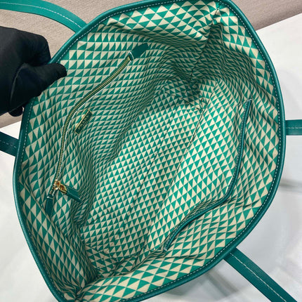 TOTE BAG 33 IN FOREST GREEN MIX CREAM TRIANGLE PATTERN EMBROIDERED FABRIC