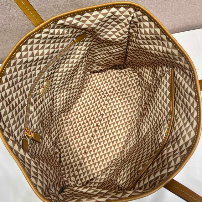 TOTE BAG 33 IN BROWN MIX CREAM TRIANGLE PATTERN EMBROIDERED FABRIC