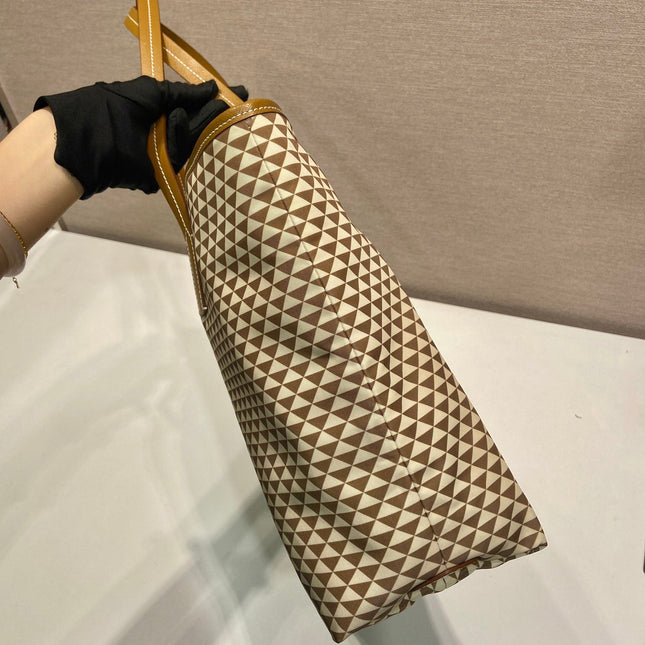 TOTE BAG 33 IN BROWN MIX CREAM TRIANGLE PATTERN EMBROIDERED FABRIC