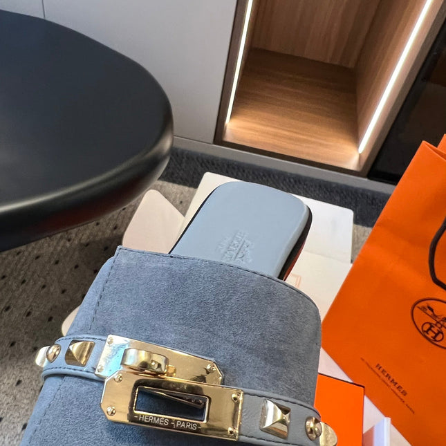 GIULIA FLAT SANDAL IN CERULEAN BLUE SUEDE