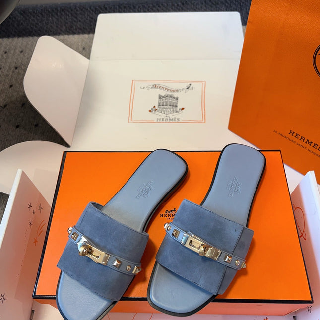 GIULIA FLAT SANDAL IN CERULEAN BLUE SUEDE