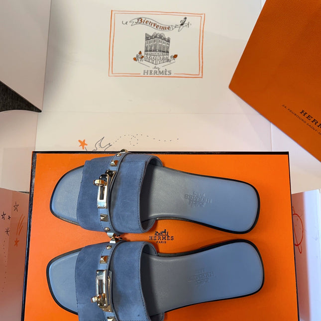 GIULIA FLAT SANDAL IN CERULEAN BLUE SUEDE