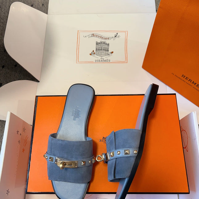 GIULIA FLAT SANDAL IN CERULEAN BLUE SUEDE