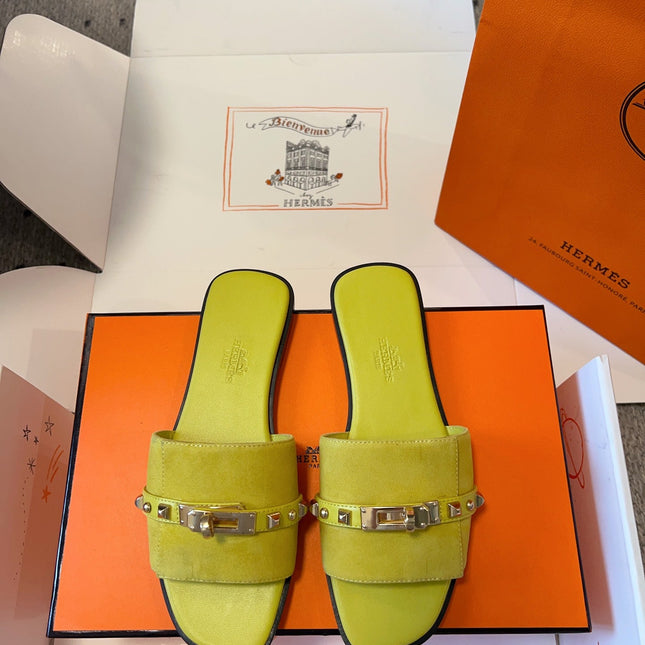 GIULIA FLAT SANDAL IN NEON YELLOW SUEDE