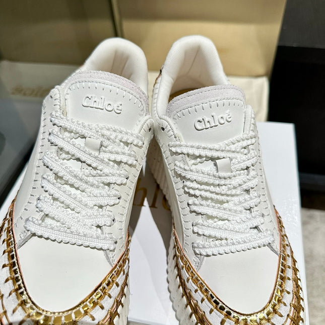 HAND-STITCHED DETAIL SNEAKERS IN WHITE  MIX GOLD CALFSKIN AND SUEDE