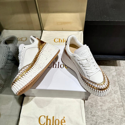 HAND-STITCHED DETAIL SNEAKERS IN WHITE  MIX GOLD CALFSKIN AND SUEDE