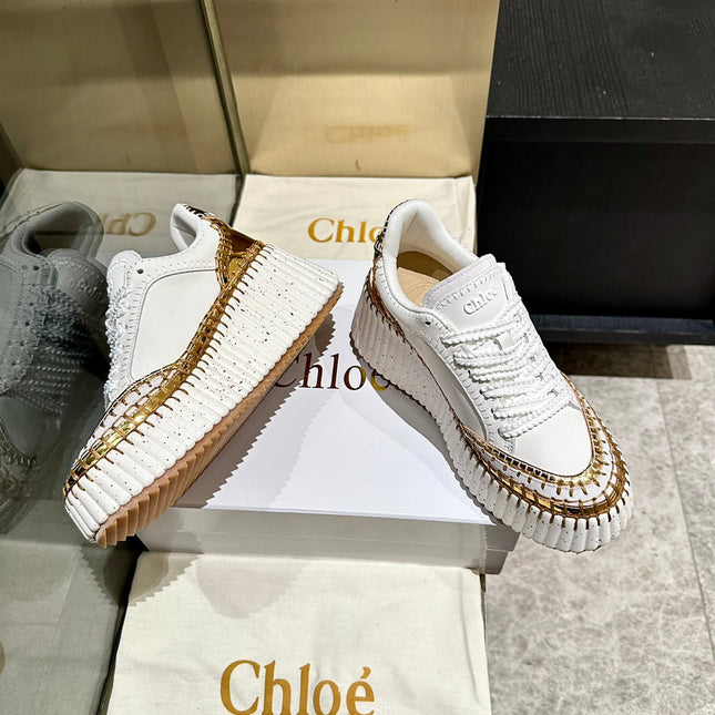 HAND-STITCHED DETAIL SNEAKERS IN WHITE  MIX GOLD CALFSKIN AND SUEDE