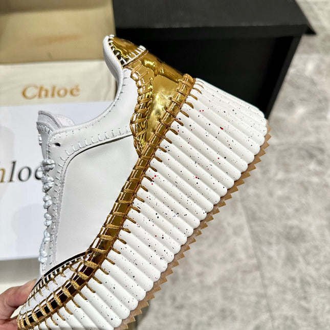 HAND-STITCHED DETAIL SNEAKERS IN WHITE  MIX GOLD CALFSKIN AND SUEDE