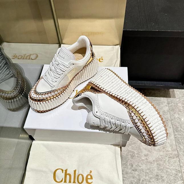 HAND-STITCHED DETAIL SNEAKERS IN WHITE  MIX GOLD CALFSKIN AND SUEDE