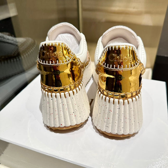HAND-STITCHED DETAIL SNEAKERS IN WHITE  MIX GOLD CALFSKIN AND SUEDE