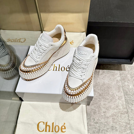 HAND-STITCHED DETAIL SNEAKERS IN WHITE  MIX GOLD CALFSKIN AND SUEDE