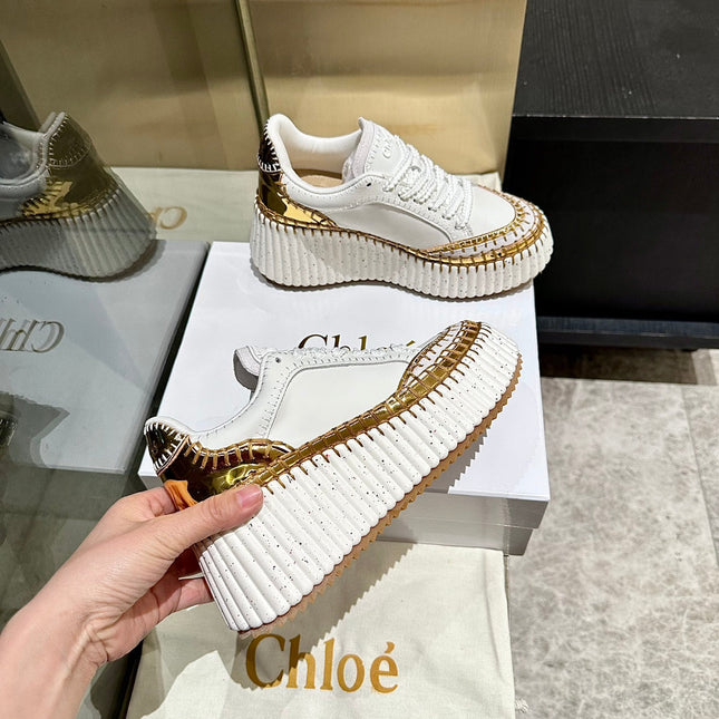 HAND-STITCHED DETAIL SNEAKERS IN WHITE  MIX GOLD CALFSKIN AND SUEDE