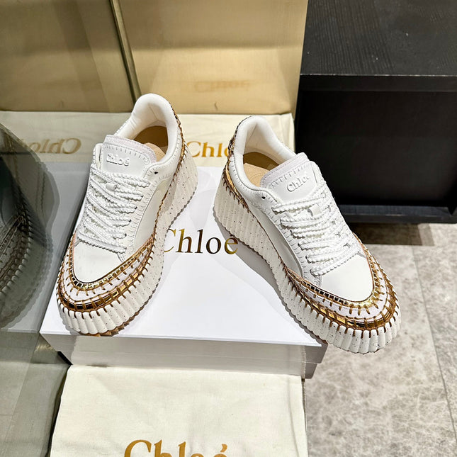 HAND-STITCHED DETAIL SNEAKERS IN WHITE  MIX GOLD CALFSKIN AND SUEDE