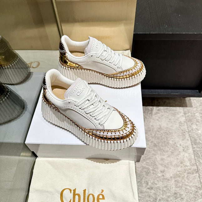 HAND-STITCHED DETAIL SNEAKERS IN WHITE  MIX GOLD CALFSKIN AND SUEDE