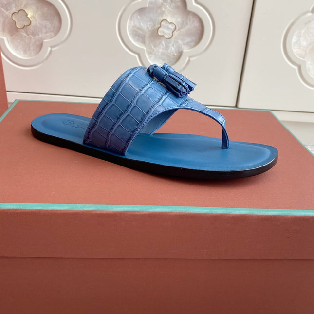 FLIP FLOPS IN BLUE LAMBSKIN SNAKE EMBOSSING