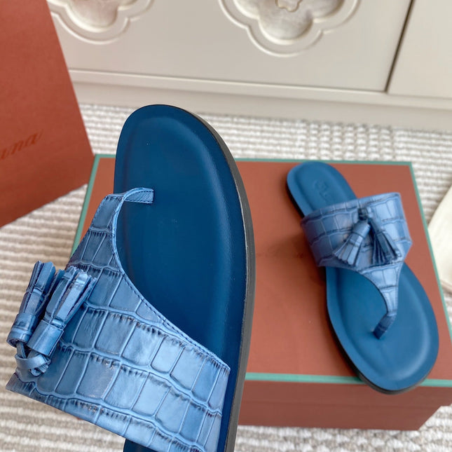 FLIP FLOPS IN BLUE LAMBSKIN SNAKE EMBOSSING