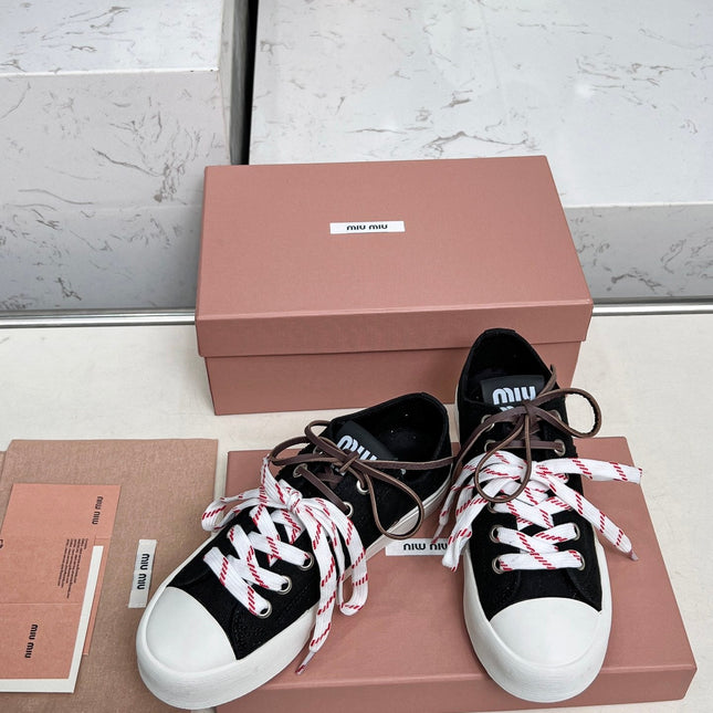 WASHED-DENIM SNEAKERS IN BLACK CANVAS WITH BROWN AND STRIPED LACES