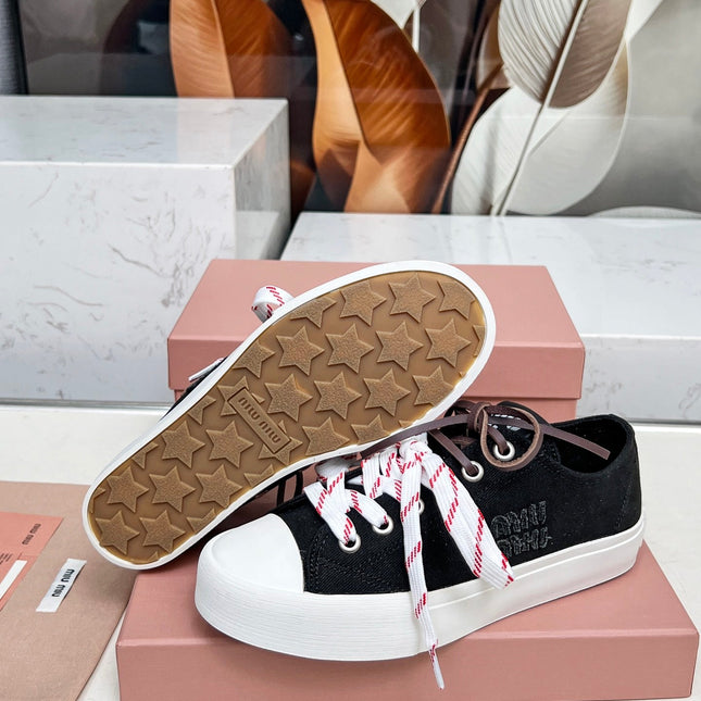 WASHED-DENIM SNEAKERS IN BLACK CANVAS WITH BROWN AND STRIPED LACES