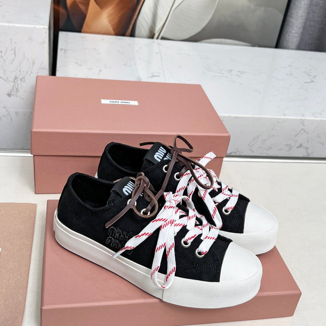 WASHED-DENIM SNEAKERS IN BLACK CANVAS WITH BROWN AND STRIPED LACES