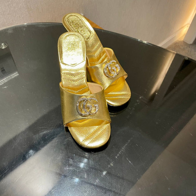 GG HIGH HEELS 70 IN SHINY GOLD LAMBSKIN GOLD HARDWARE WITH CRYSTALS