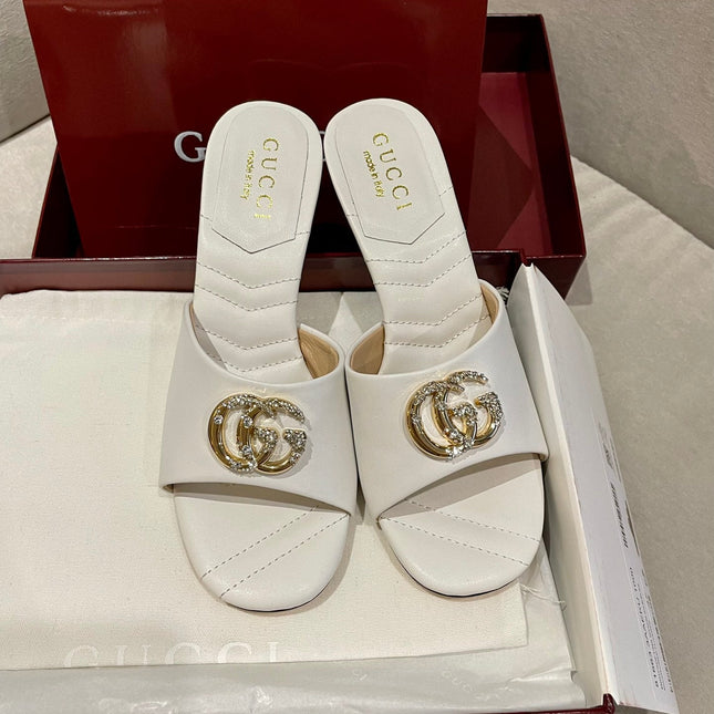 GG HIGH HEELS 70 IN WHITE LAMBSKIN GOLD HARDWARE WITH CRYSTALS