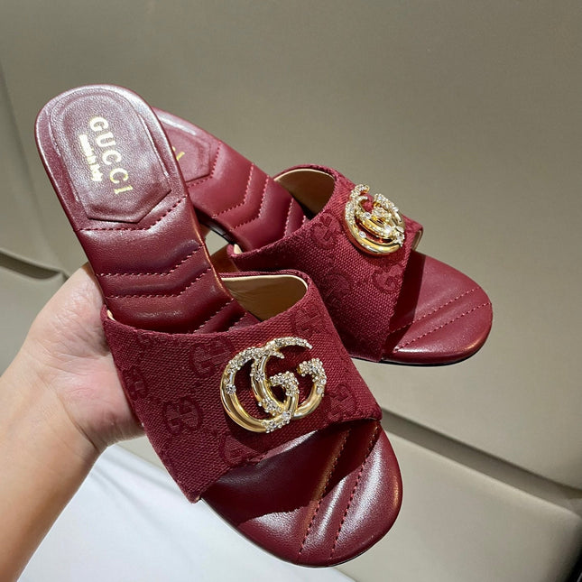 GG HIGH HEELS 70 IN RED LAMBSKIN AND FABRIC GOLD HARDWARE WITH CRYSTALS