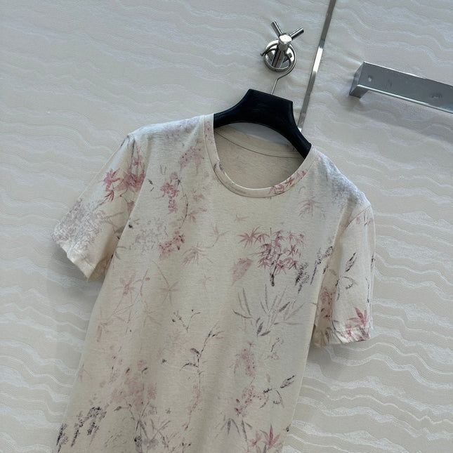 DIOR INK FLOWER PRINTED COTTON-LINEN T-SHIRT