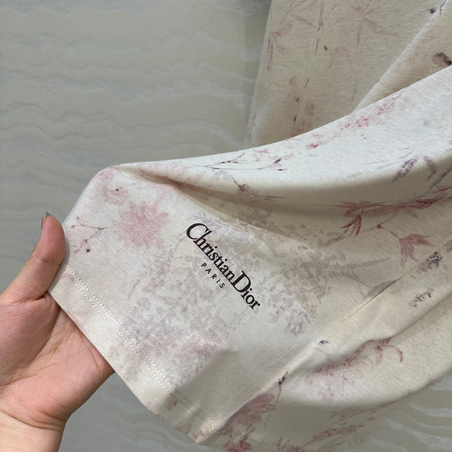 DIOR INK FLOWER PRINTED COTTON-LINEN T-SHIRT