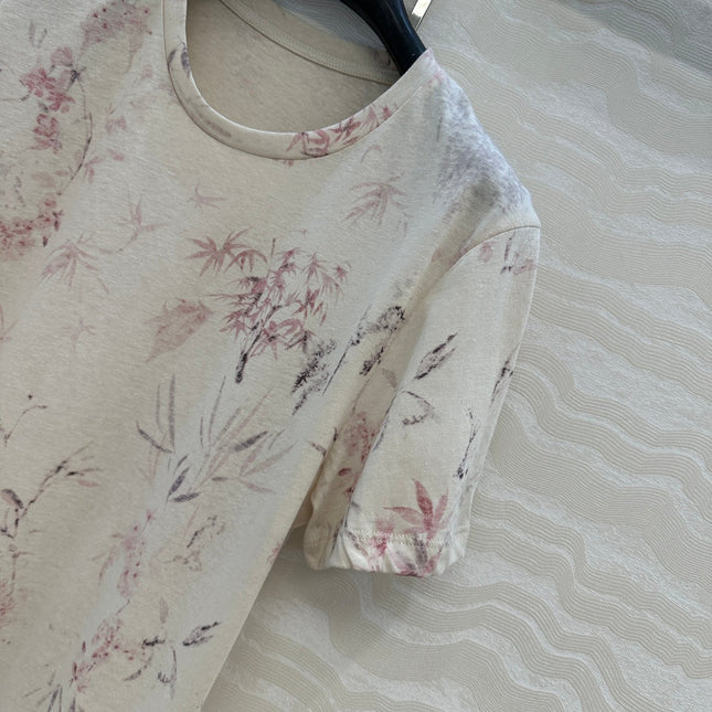 DIOR INK FLOWER PRINTED COTTON-LINEN T-SHIRT