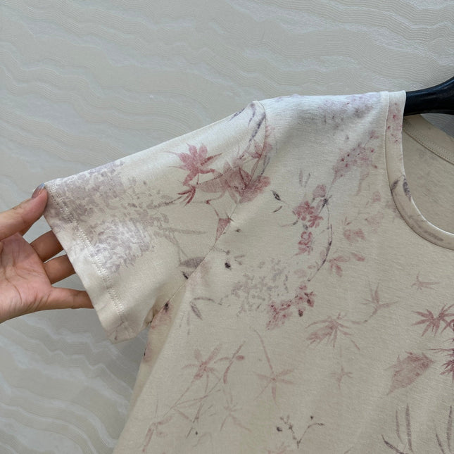DIOR INK FLOWER PRINTED COTTON-LINEN T-SHIRT