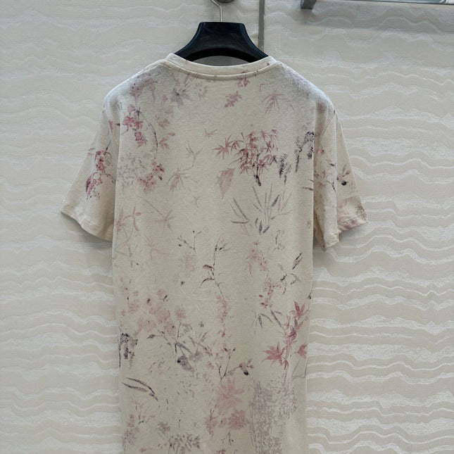 DIOR INK FLOWER PRINTED COTTON-LINEN T-SHIRT