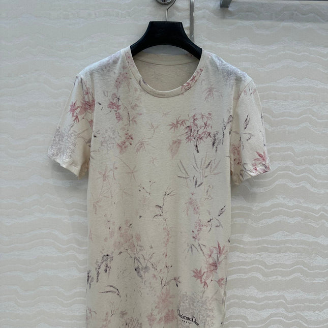 DIOR INK FLOWER PRINTED COTTON-LINEN T-SHIRT