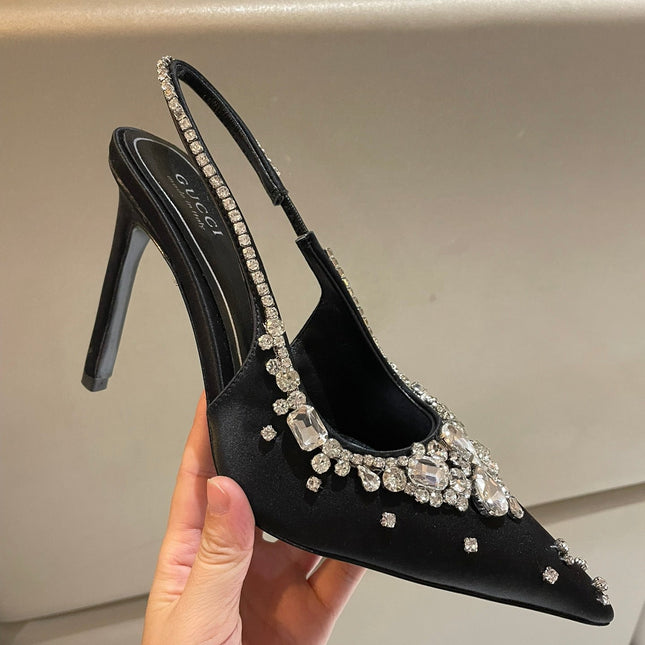 GG HIGH SLINGBACK 105 IN BLACK SATIN WITH CRYSTAL DIAMONDS