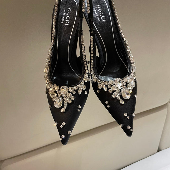 GG HIGH SLINGBACK 105 IN BLACK SATIN WITH CRYSTAL DIAMONDS