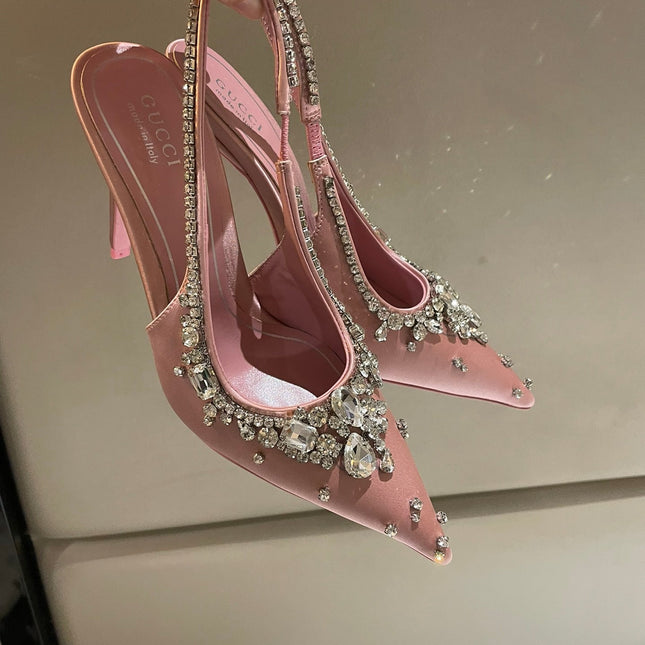 GG HIGH SLINGBACK 105 IN PINK SATIN WITH CRYSTAL DIAMONDS