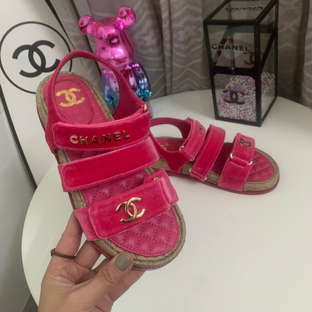 CC DAD SANDALS IN HOT PINK VELVET AND CALFSKIN