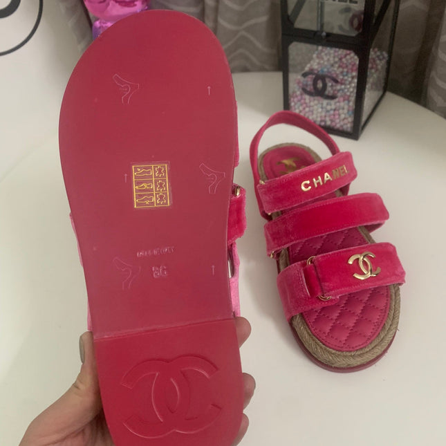 CC DAD SANDALS IN HOT PINK VELVET AND CALFSKIN