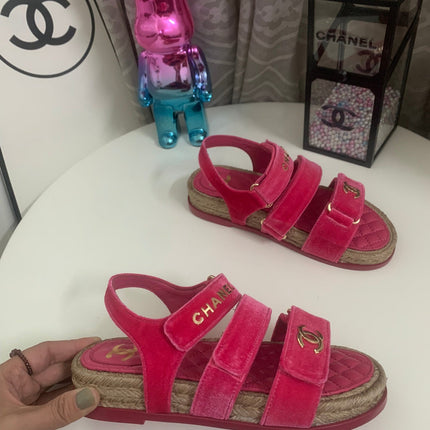CC DAD SANDALS IN HOT PINK VELVET AND CALFSKIN