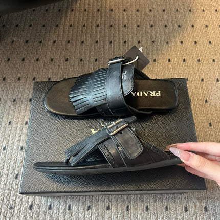 PRADA 25S SHUFFLE LEATHER THONG SANDALS IN BLACK CALFSKIN