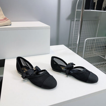 CHANEL FLAT MARY JANE SHOES 25S IN BLACK MESH FABRIC EMBOSSED LOGO WITH BOW
