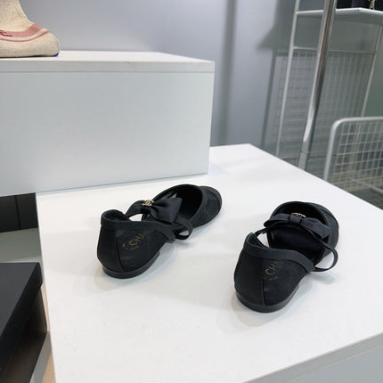 CHANEL FLAT MARY JANE SHOES 25S IN BLACK MESH FABRIC EMBOSSED LOGO WITH BOW